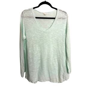 Eileen Fisher Sweater Womens L Mint Green Organic Cotton Linen Slub V-Neck Knit